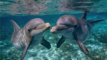 Fototapeta premium Two dolphins interact underwater