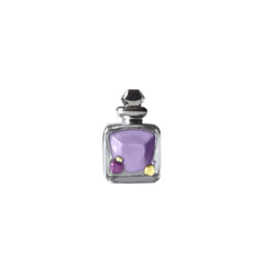 A small glass bottle with a silver lid containing purple liquid and decorative gem like elements