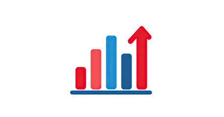 A stylized bar graph with a rising arrow, in red and blue neon outlines, against a black background