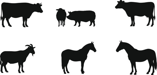 Farm animal silhouettes, cow, goat, sheep, pig, horse, livestock vector illustration, rural animal shapes, domestic animals black icons