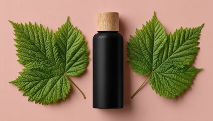 Black bottle with wooden cap between green leaves on pink background