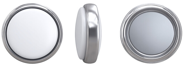Three views of a white round badge with silver frame, front, side and angled view on transparent background, PNG