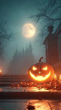 Giant Jack-o&rsquo;-Lantern on Clean Haunted Steps