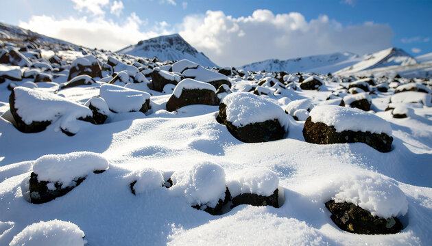 Winter landscape snow covered rocks with mountain range and blue sky background
