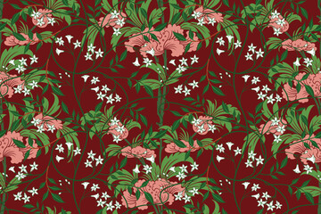 Seamless floral damask pattern motif suitable for wallpaper, textile, tile, clothing, curtain, blanket and fabric design isolated over red colored background illustration vector archive EPS file.