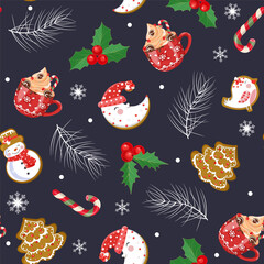 A Christmas-inspired design featuring a fir tree, holly, a Christmas toy, candy, and gingerbread. This design can be used for decorative wrapping paper or as a textile print.