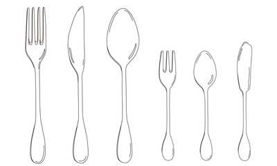 Set of cutlery. Fork, knife, spoon, butter knife, tea spoon, silverware. Hand drawn Simple line art illustration vector.