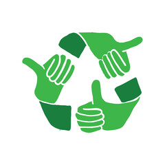 Green recycle symbol with hand thumbs up illustration. Eco friendly concept logo, sustainability icon, circular economy, save environment, green energy, zero waste and ecology design isolated on white
