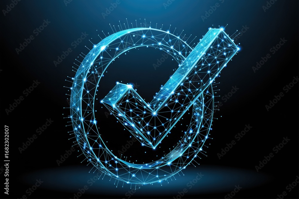 Poster futuristic digital check mark symbol of success approval confirmation and verification in glowing bl