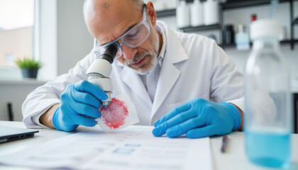 Senior scientist examining sample through microscope in laboratory