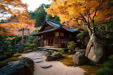 Tranquil Japanese temple garden bathed in warm autumn light, a serene escape