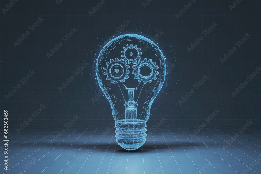 Poster futuristic digital concept image of a glowing lightbulb with interlocking gears representing innovat