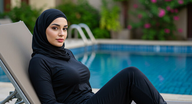 Woman in Black Hijab by Poolside, Relaxing Outdoors.