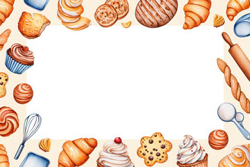 Watercolor bakery border frame with assorted pastries and baking tools