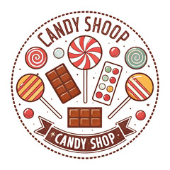 Candy Shop Emblem with Assorted Sweets and Text confectionery lollipop isolated on a transparent background
