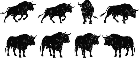 Illustration of aggressive and powerful black bulls in different poses, strong animals, farm livestock, nature wildlife, animal strength, bull silhouettes, black bull vector art.