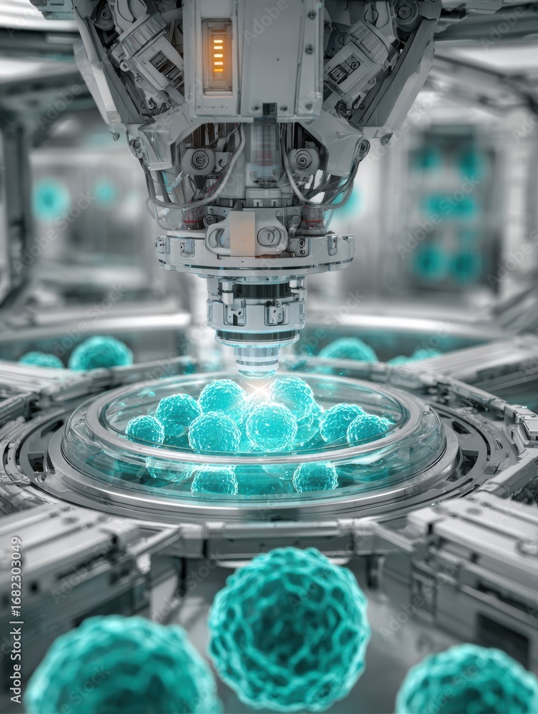Poster advanced technology in a futuristic laboratory focusing on cell manipulation and analysis with turqu