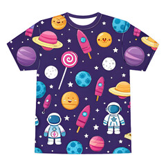 Dark blue t-shirt with space-themed pattern of astronauts and planets apparel clothing isolated on a transparent background