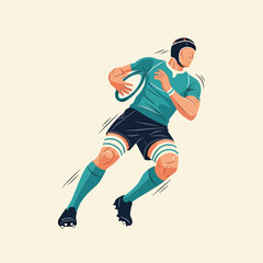 Fototapeta premium Rugby player in action, dynamic pose, teal uniform, running with ball.