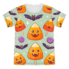 Mint Green T- Shirt with Halloween Candy Corn and Bats Pattern t-shirt apparel isolated on a transparent background