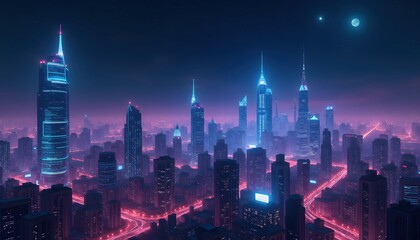 Obraz premium The radiant neon skyline shining across endless starry nights