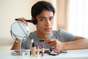 Young man in the home bathroom shaving with a new technology that looks like a microscope
