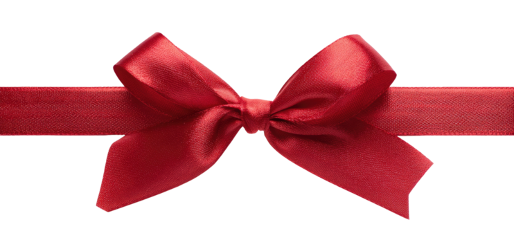 A vibrant red satin ribbon bow with a horizontal ribbon