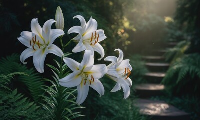 Fototapeta premium White lilies bloom beside stone steps in sunlit garden
