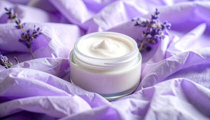 Flygen Cream jar mockup nestled in pastel lavender crumpled tissue paper, soft shadows and gentle folds, 45mm macro studio focus