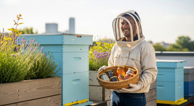 Urban beekeeper holding honey jars on rooftop - Powered by Adobe