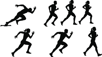 Running silhouettes of men and women, sprinting, jogging, walking, fitness, athlete motion, black vector, health, exercise, speed