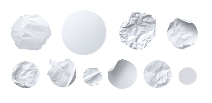 Collection of crumpled and smooth circular paper shapes