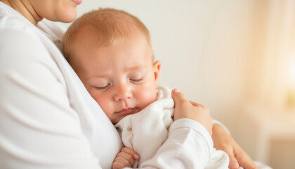 Mother holding sleeping baby close in cozy indoor environment  
