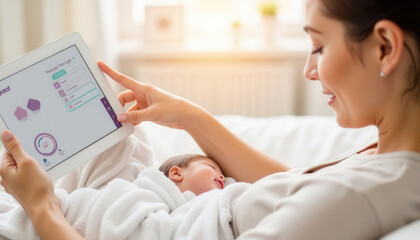 Mother caring for newborn baby while using a tablet indoors