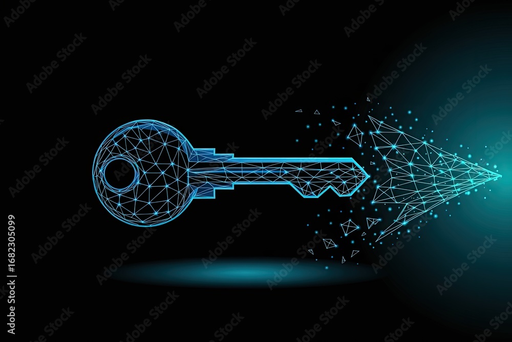 Poster futuristic digital key unlocking digital information and network security concepts