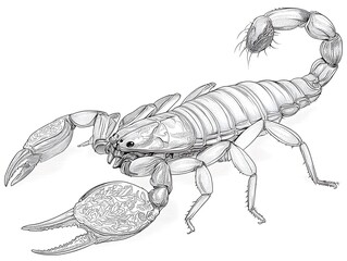A detailed black and white drawing of a scorpion with large pincers and a segmented tail is presented.
