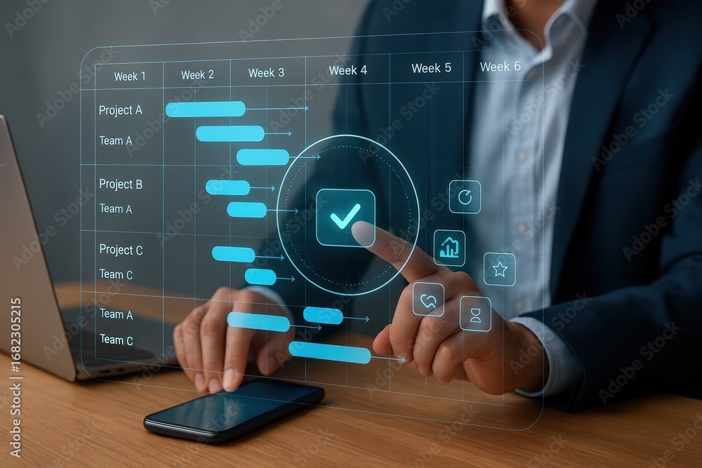 Poster a person interacts with a holographic project management interface, highlighting a completed task.