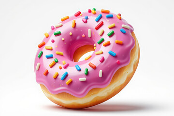 Delicious pink frosted donut with colorful sprinkles on a white background