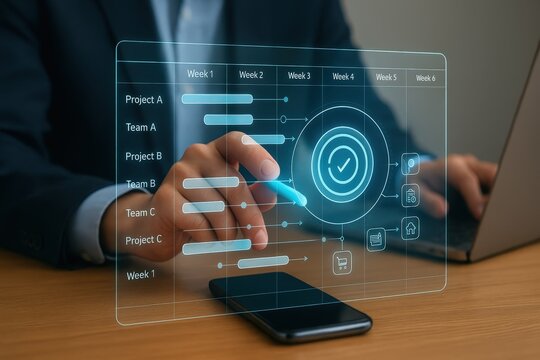 A person interacts with a digital project management interface, highlighting a completed task within a visualized timeline.