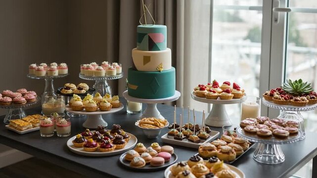 Colorful dessert table with cupcakes and pastries displayed