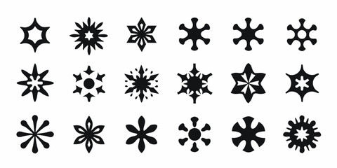 Collection of diverse black snowflake icons and symbols on a white background