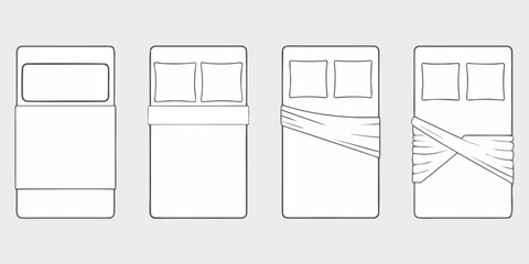 Top view illustration of four different bed setups showing bedding and pillow arrangements