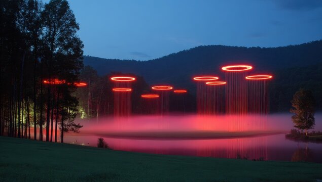 Red rings float over misty lake at night - Powered by Adobe