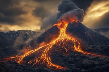 Fototapeta premium Dramatic volcanic eruption with glowing lava flows down mountainside under stormy skies