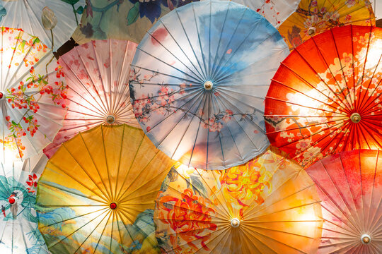 colorful traditional Chinese paper umbrellas as decoration
