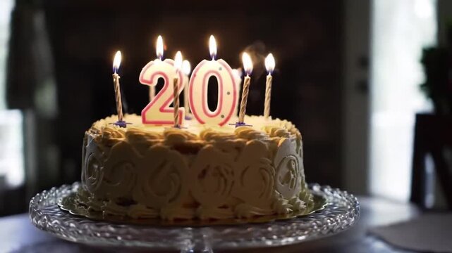 A delicious 20th birthday celebration, beautiful cake with lit candles on a glass stand indoors