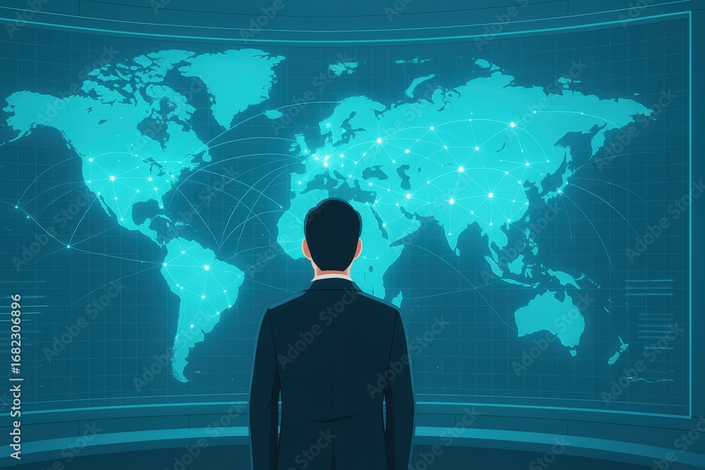Poster a person gazes at a global network map displayed on a futuristic screen, highlighting interconnected
