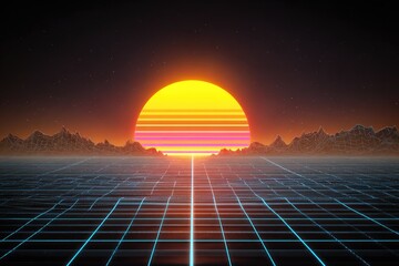 Retro sunset over a gridded landscape