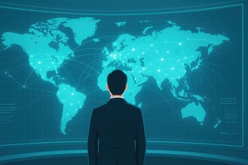 A person gazes at a global network map displayed on a futuristic screen, highlighting interconnectedness and global reach.