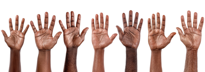 Raised hands, diverse skin tones